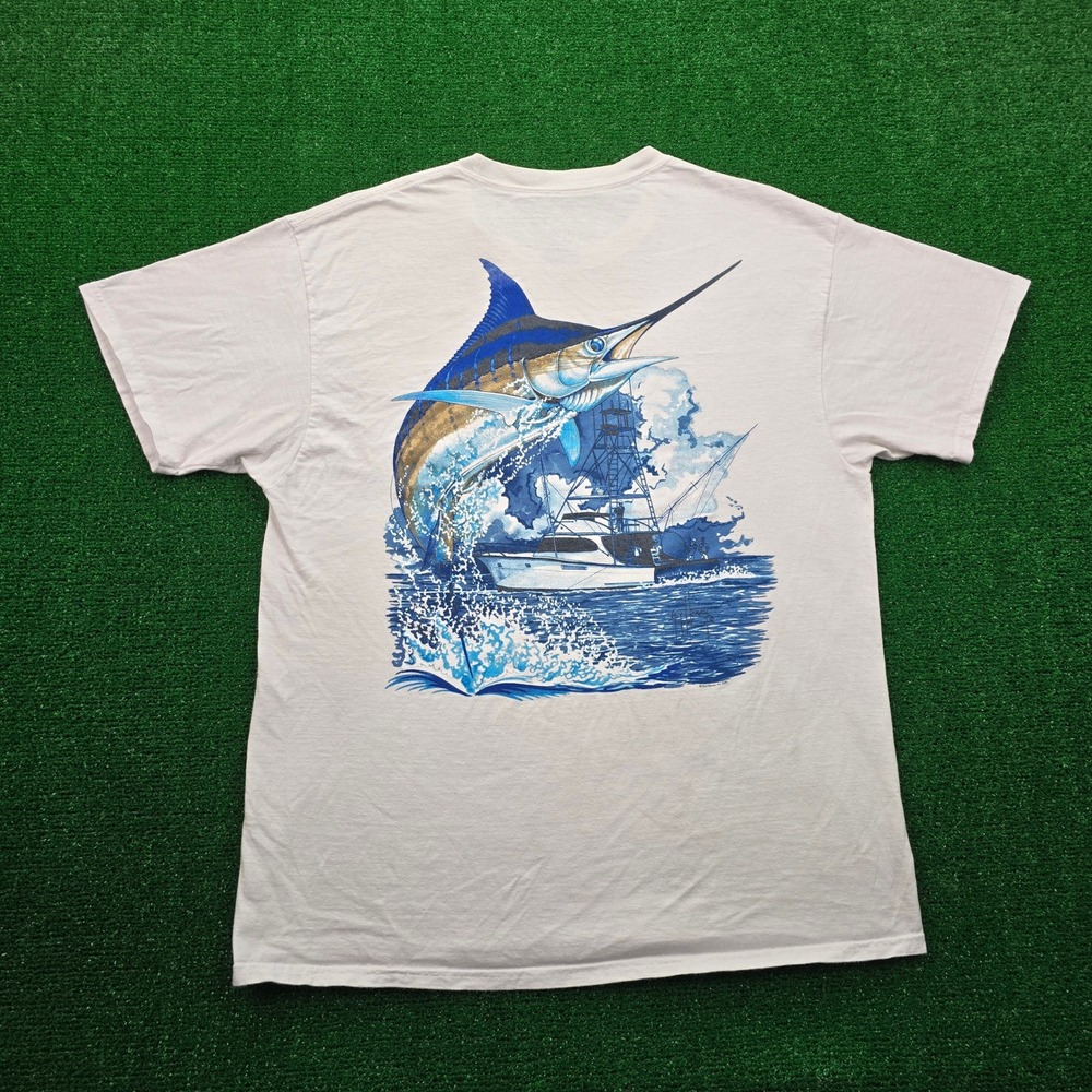 Guy Harvey Tshirt Mens Large White Blue Marlin Fishing Boat Offshore Pocket Tee